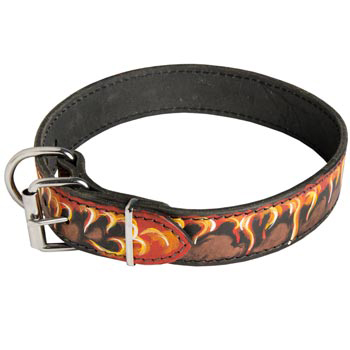 Buckle Leather Dog Collar with Fire Flames for Newfoundland