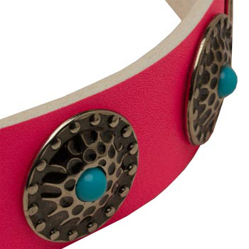 Pink Newfoundland Collar Leather with Blue Stones