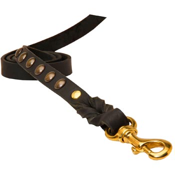 Leather Dog Leash Studded Equipped with Strong Brass Snap Hook for Newfoundland